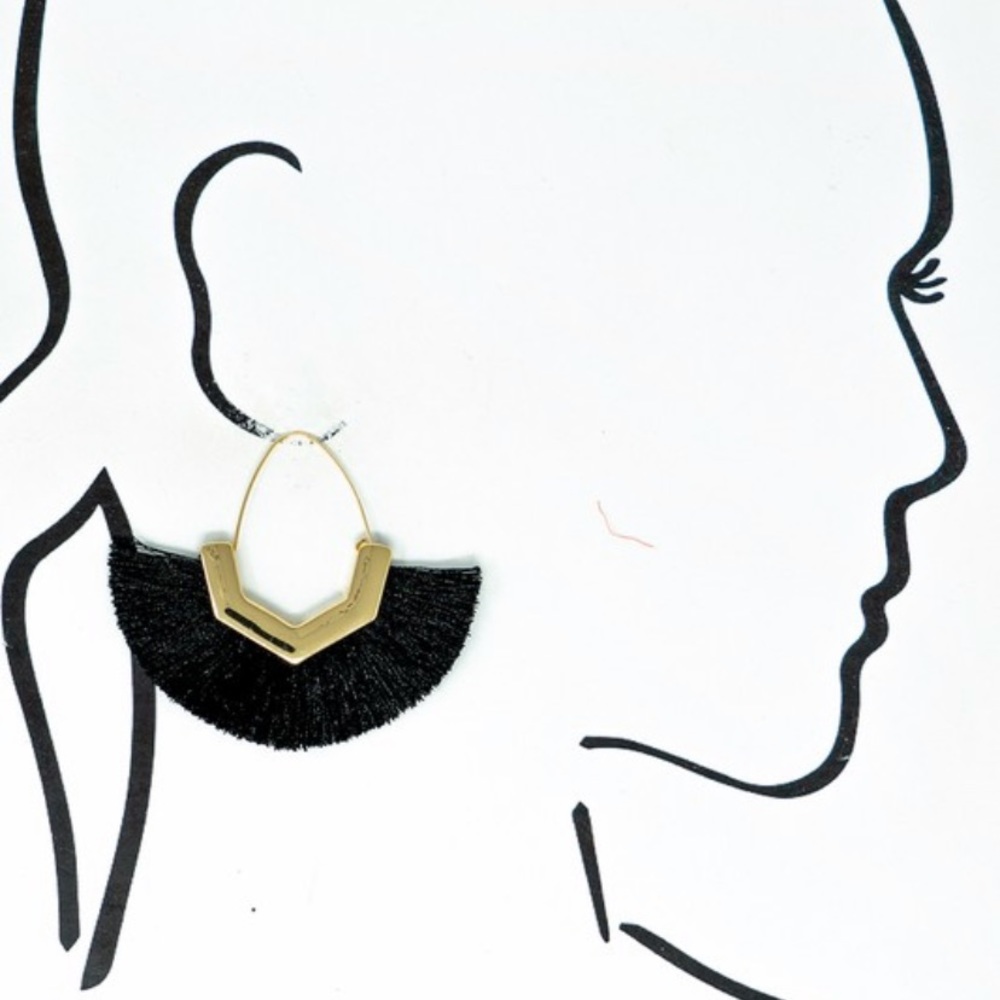 Gold & Black Boho Fan Tassel Drop Earrings - Picture 2 of 2
